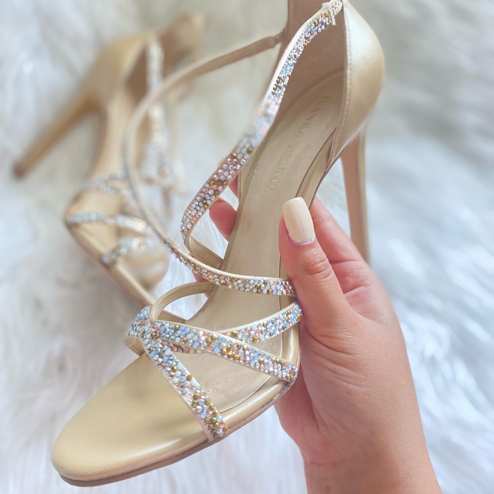 Nude rhinestone strap heels